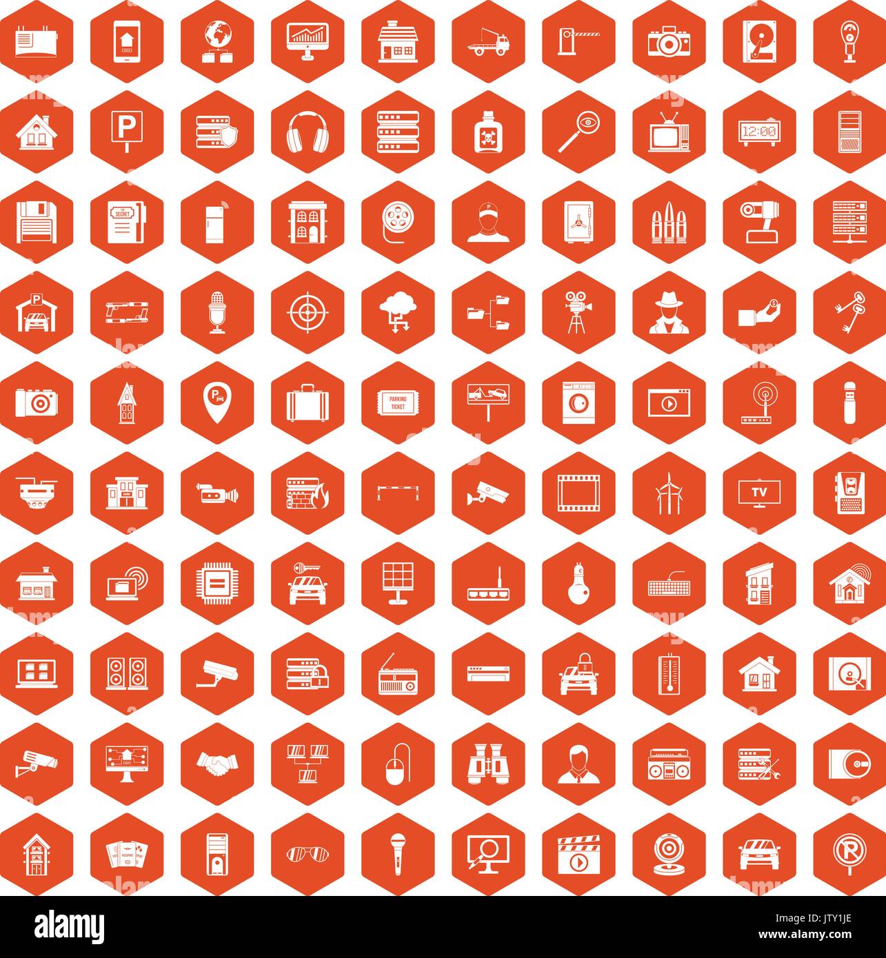 100 camera icons hexagon orange Stock Vector