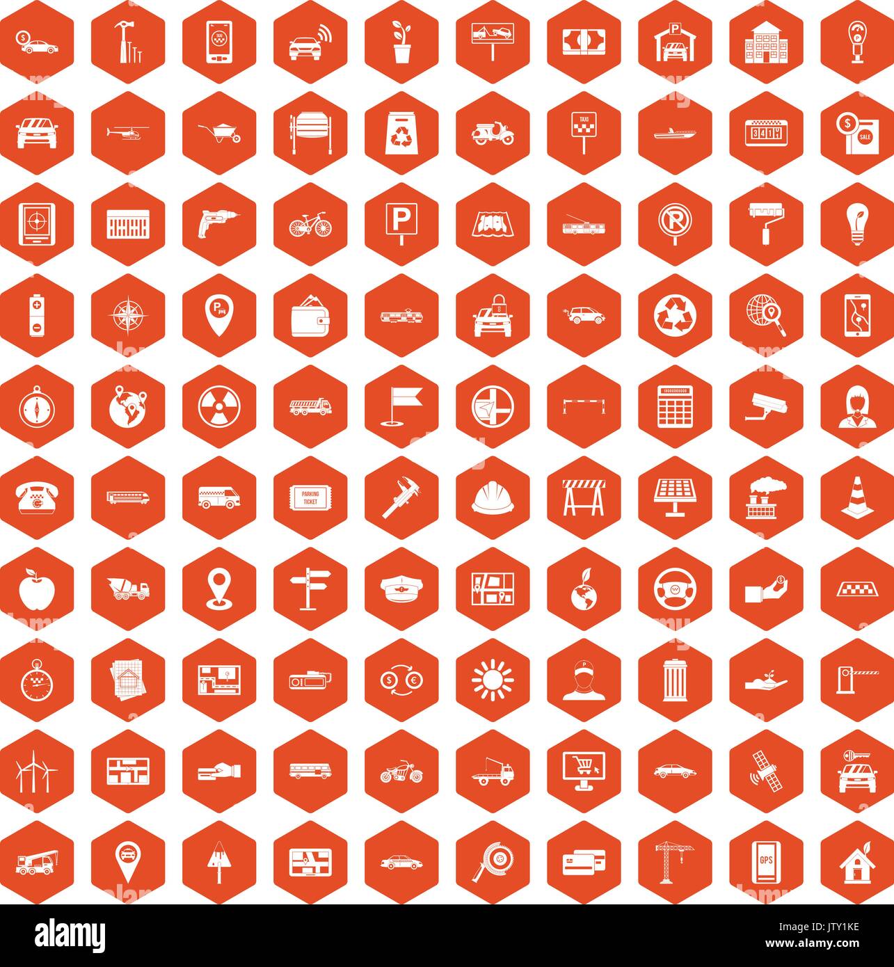 100 car icons hexagon orange Stock Vector