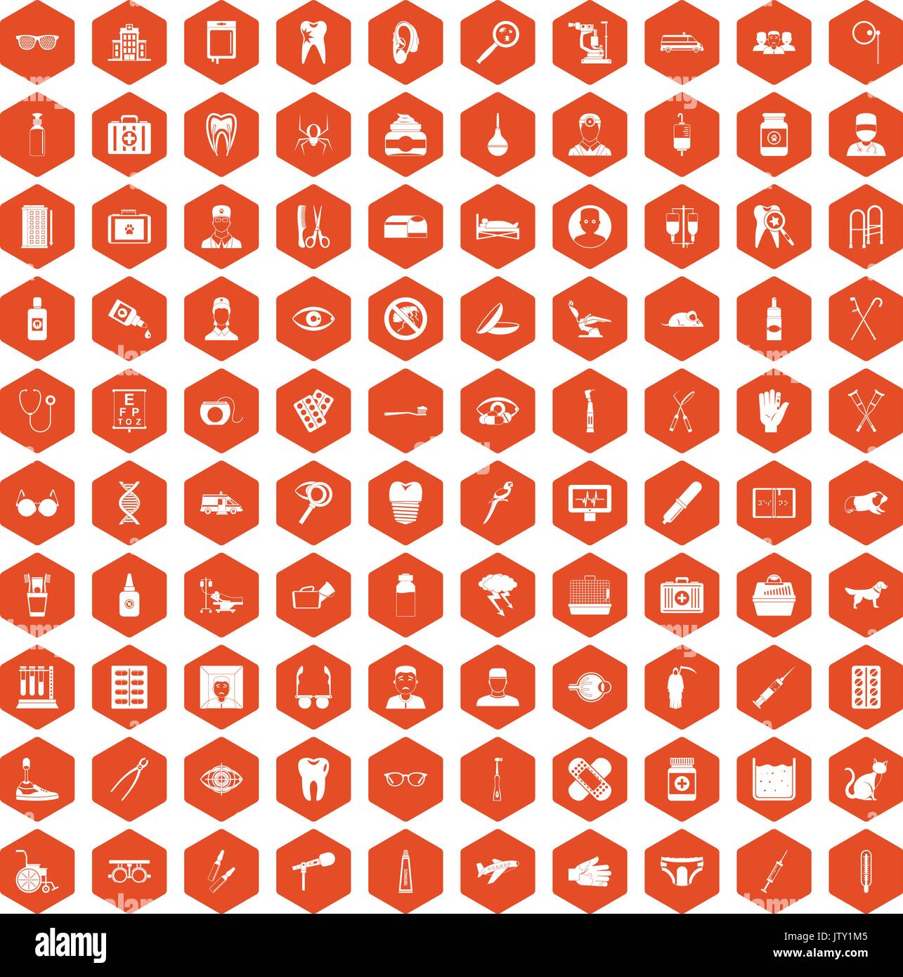 100 care icons hexagon orange Stock Vector