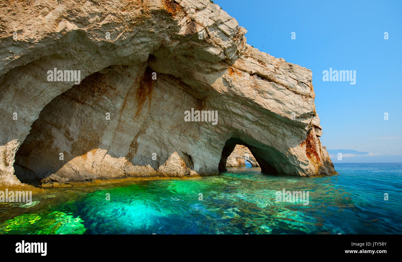 Greece, The island of Zakynthos. One of the most beautiful blue caves in the world. The Ionian Sea.  Blue caves of the island of Zakynthos Stock Photo