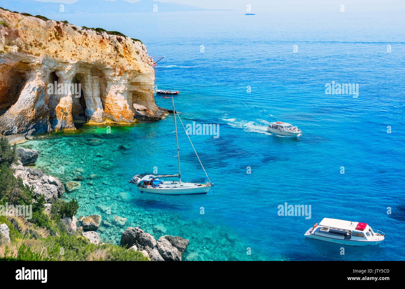 Greece, The island of Zakynthos. One of the most beautiful blue caves in the world. The Ionian Sea. Stock Photo