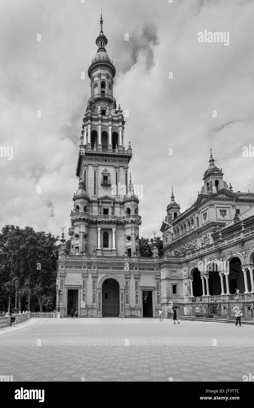 Seville, Spain - May 20, 2014: Bell Tower in the famous Plaza of Spain in Seville, Spain. Black and white photography. Stock Photo