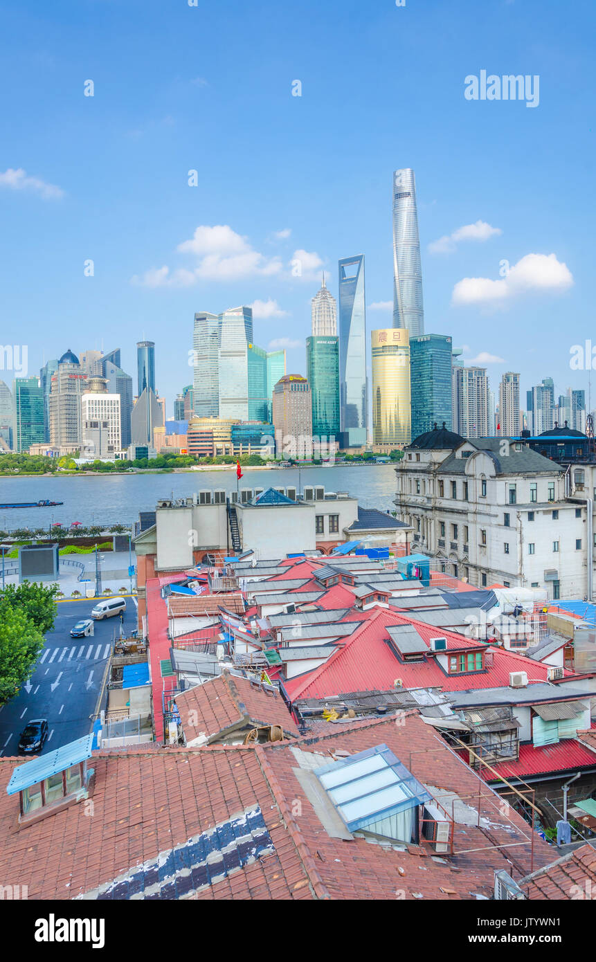 Looking over rooftops and across The River Huangpu from a high vantage point. Stock Photo