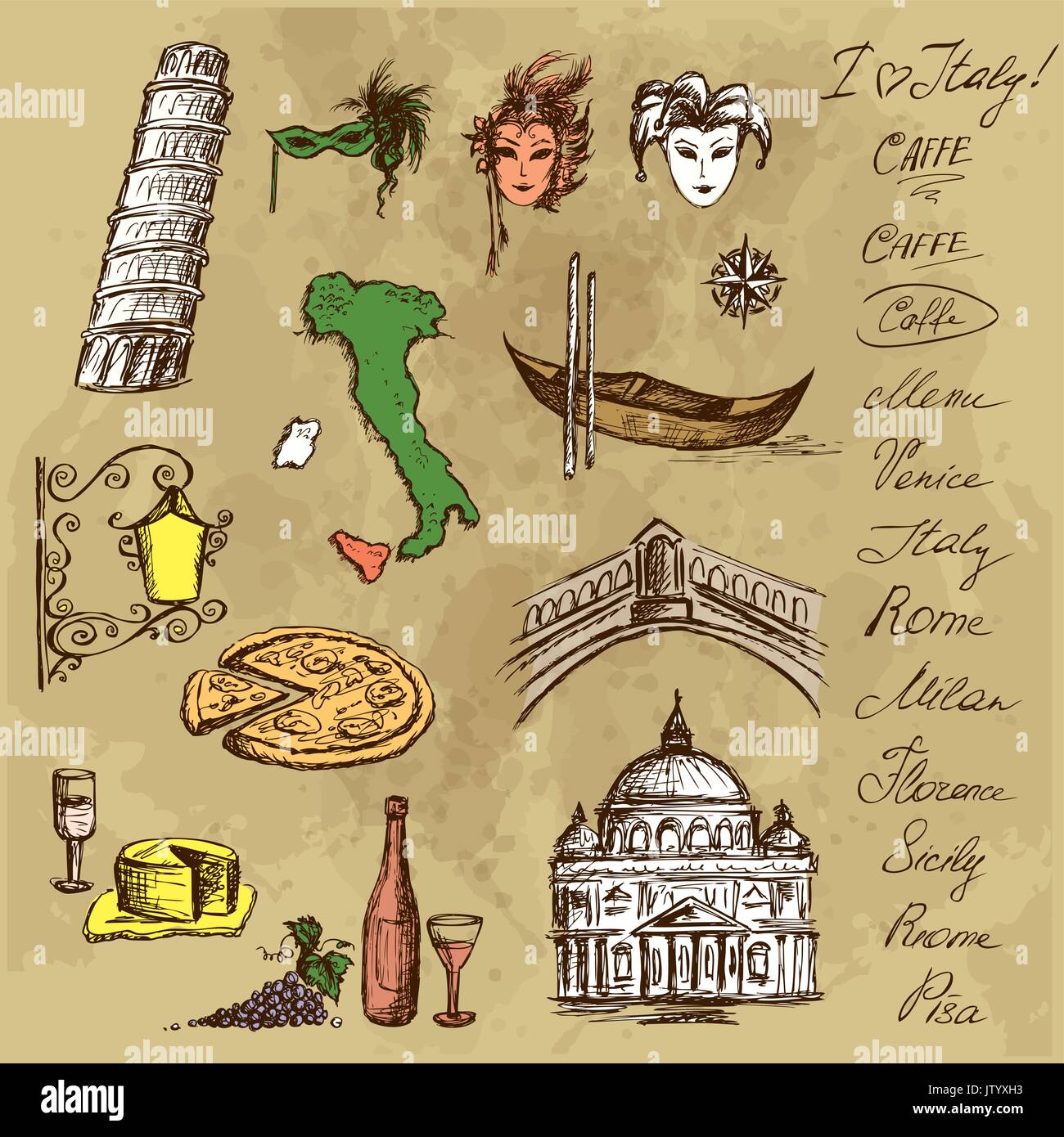 Symbols of Italy, hand-drawn, vector illustration Stock Vector 