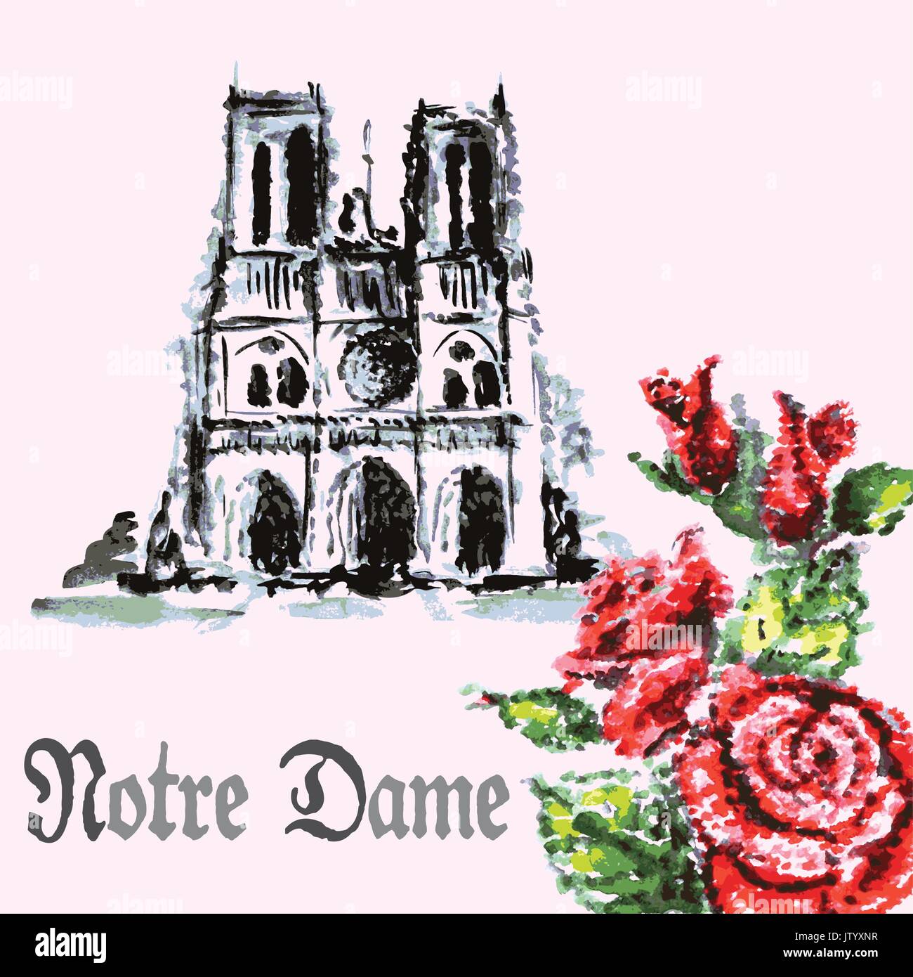 drawing by hand beautiful watercolor background bouquet of roses and Notre Dame de Paris Cathedral Stock Vector