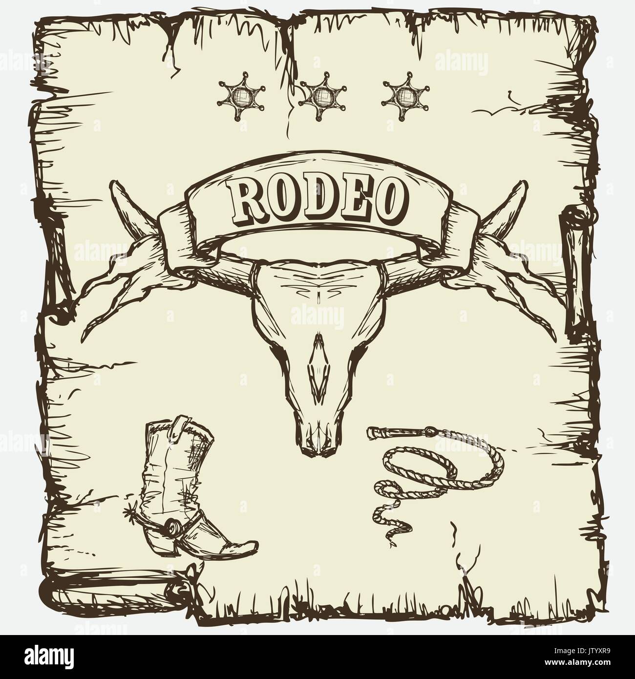 Retro style Rodeo  poster with longhorn skull, ribbon banner and sample text on it. Stock Vector
