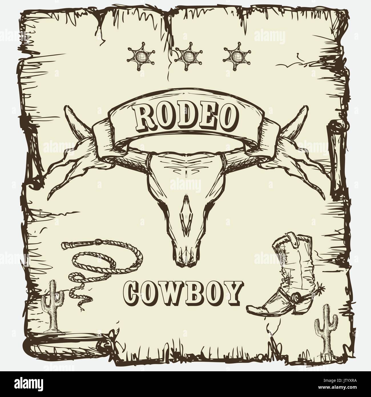 Vintage style Rodeo  poster with longhorn skull, ribbon banner and sample text on it. Stock Vector