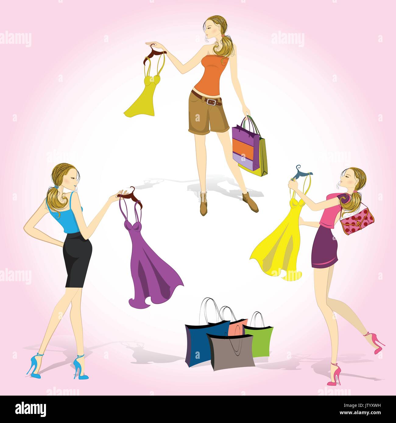 Set Pretty shopping girls, vector illustration Stock Vector Image & Art ...