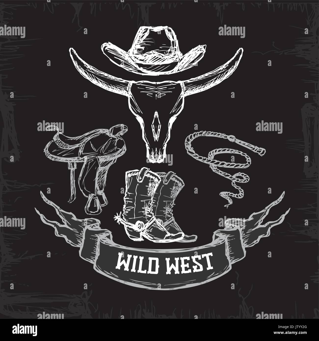 Wild West Set Collection white on black background, vector illustration ...