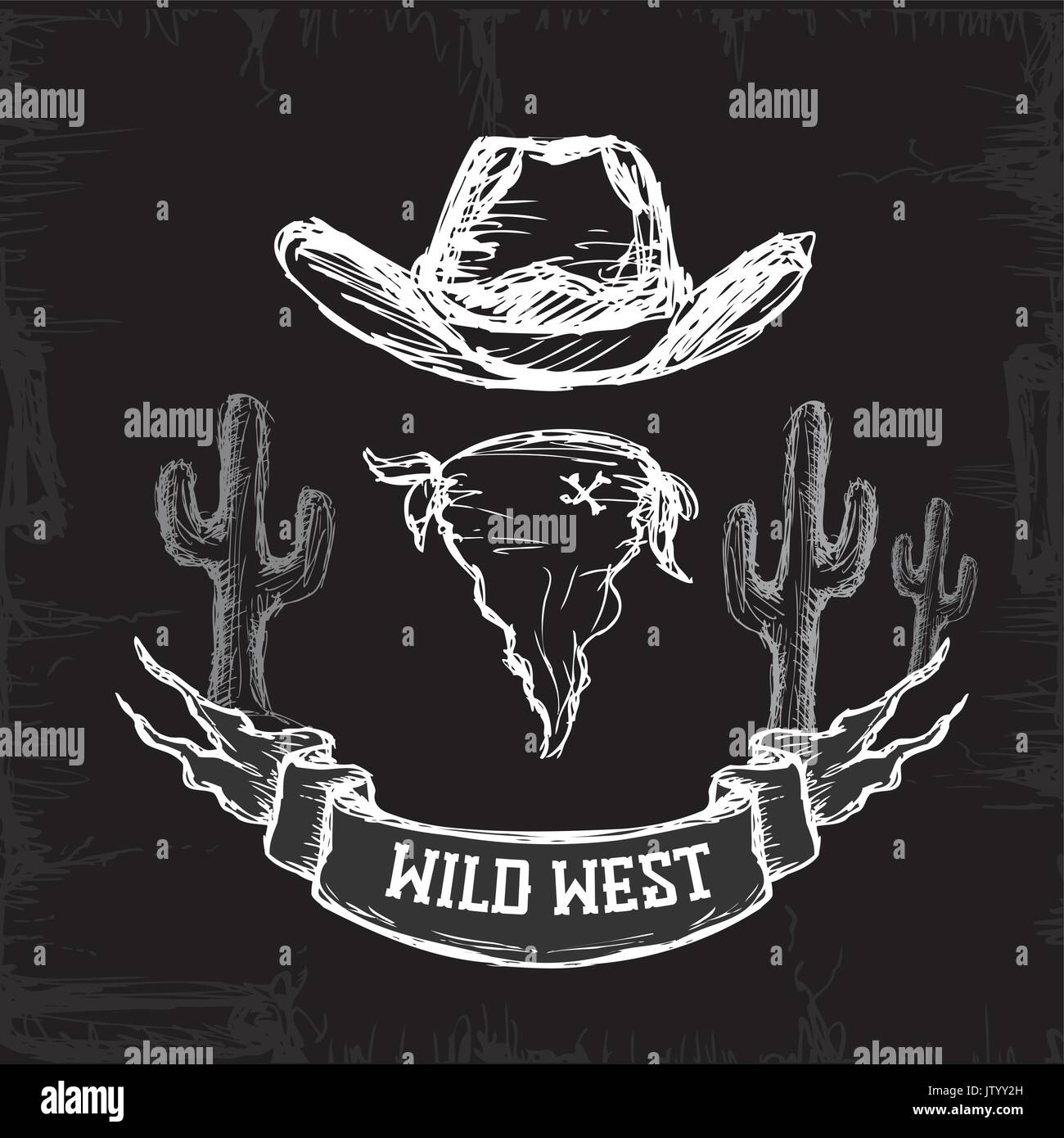 Wild West  Set Collection white on black background, vector illustration Stock Vector