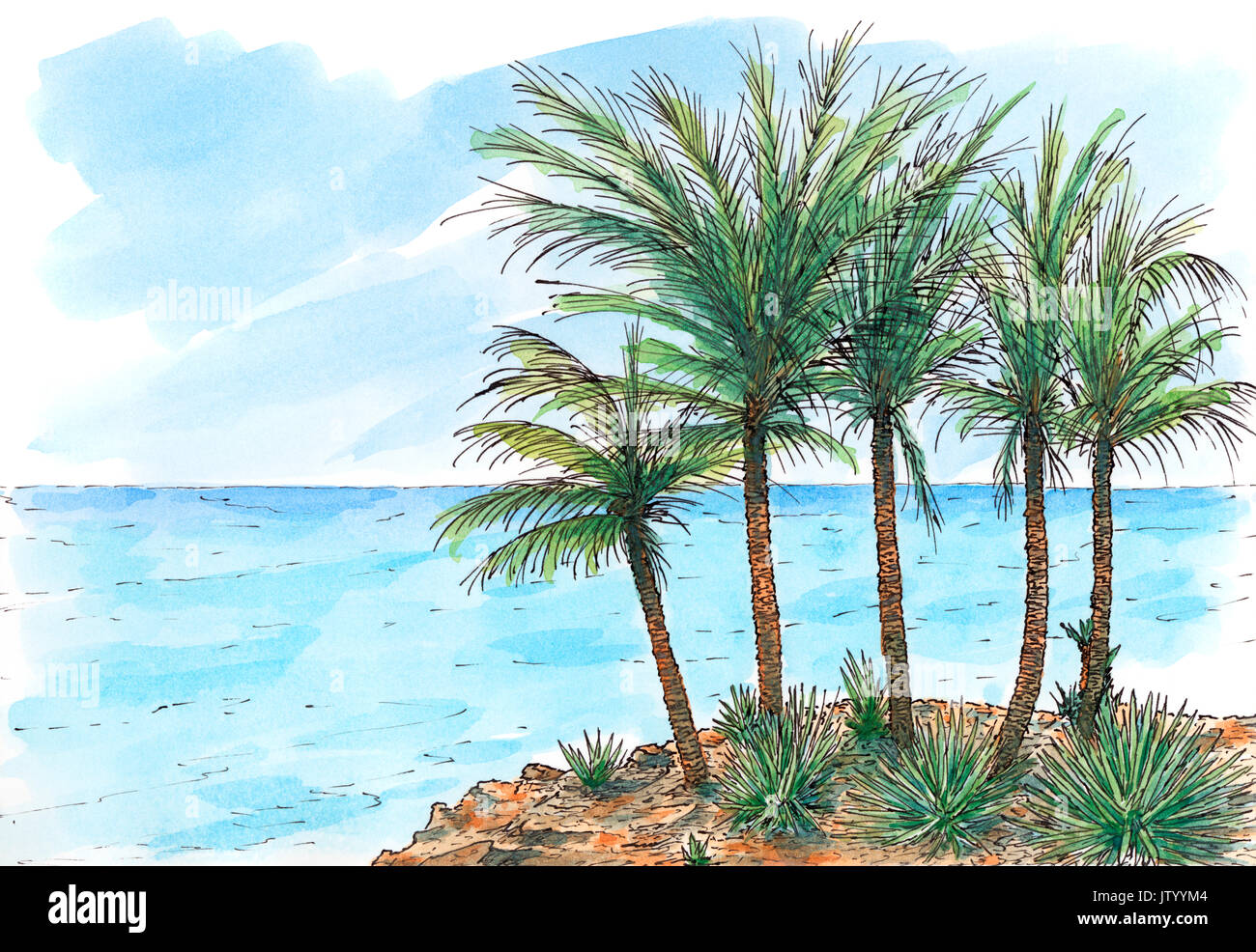 Caribbean sea-coast with palm trees. Ink and watercolor on rough paper. Stock Photo