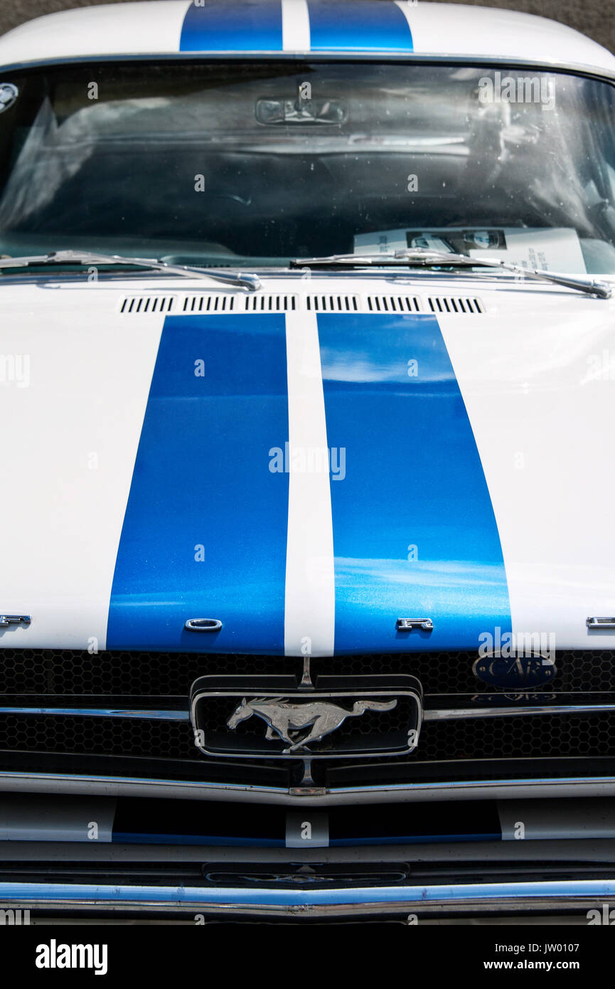 Vintage Car Festival "Golden Oldies", White Ford Mustang with blue stripes  Stock Photo - Alamy