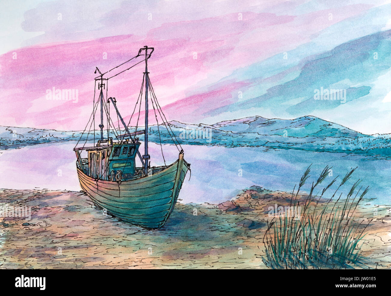 Small sea bay and fishing boat. Ink and watercolor on rough paper. Stock Photo