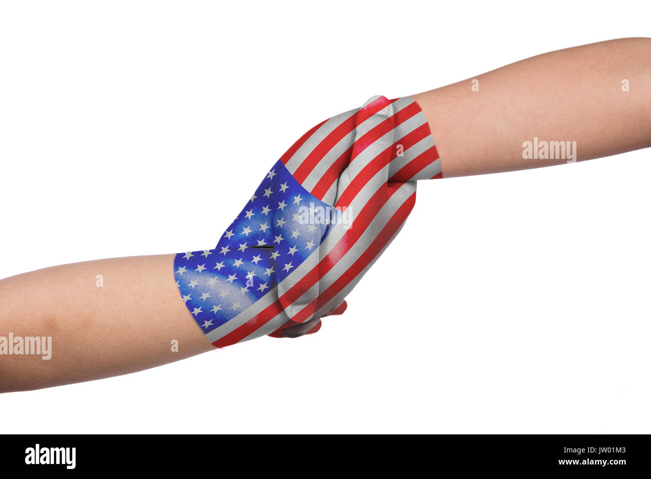 Helping hands of two children with United States of America flag painted in isolated white background Stock Photo