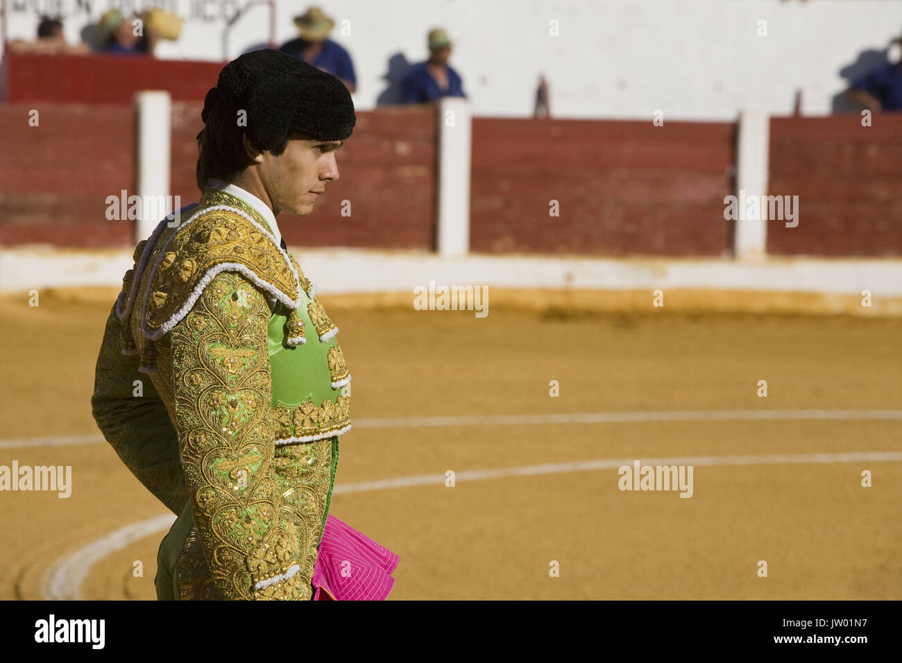 The French Bullfighter Sebastian Castella bullfighting with the crutch in the Bullring of Villacarrillo, Spain Stock Photo