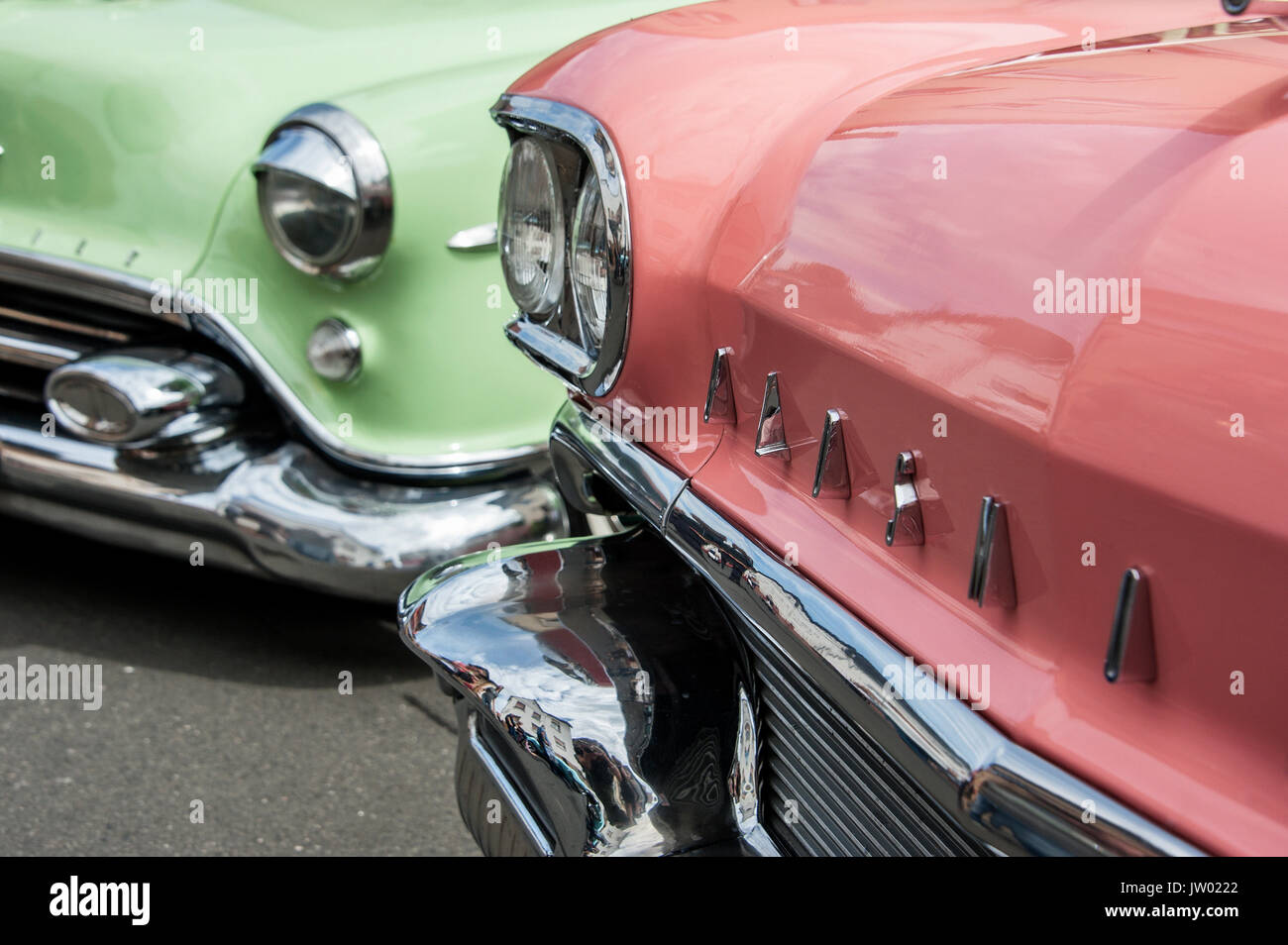 Vintage Car Festival 'Golden Oldies', Detail of a pink Oldsmobile Eighty Eight. Stock Photo