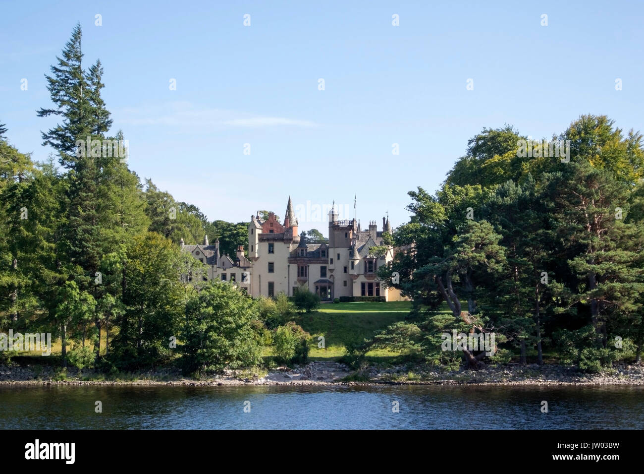 Historic 17th Century Aldourie Castle Loch Ness Caledonian Canal Inverness Scotland exterior view of Grade A Listed 17th century Scottish Baronial sty Stock Photo