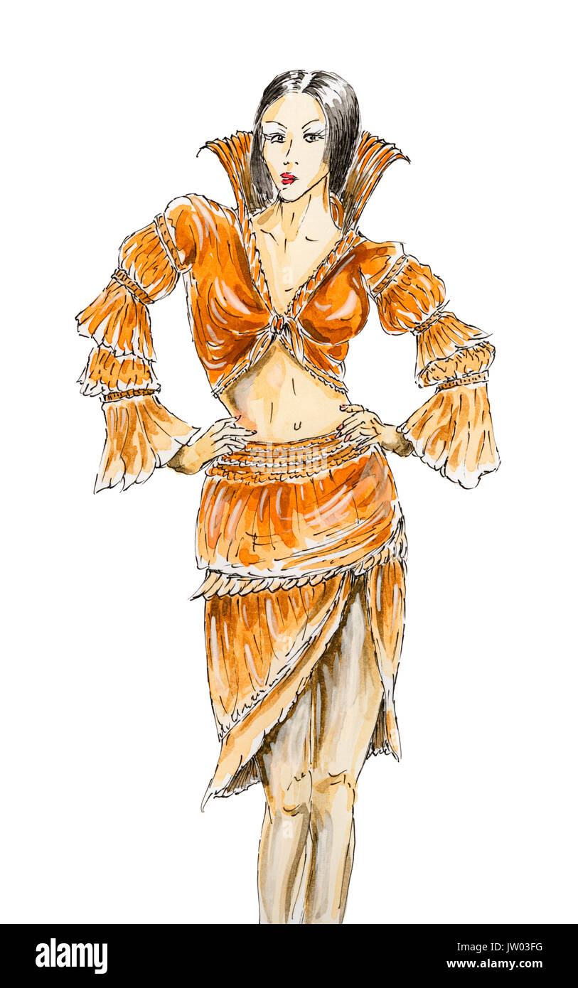 Female fashion design. Ink, watercolor and gouache on rough paper. Stock Photo