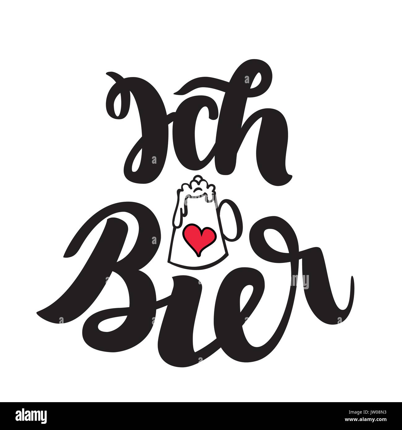 Ich liebe Bier. I love Beer. Traditional German Oktoberfest bier festival. Vector hand-drawn brush lettering illustration isolated on white Stock Vector