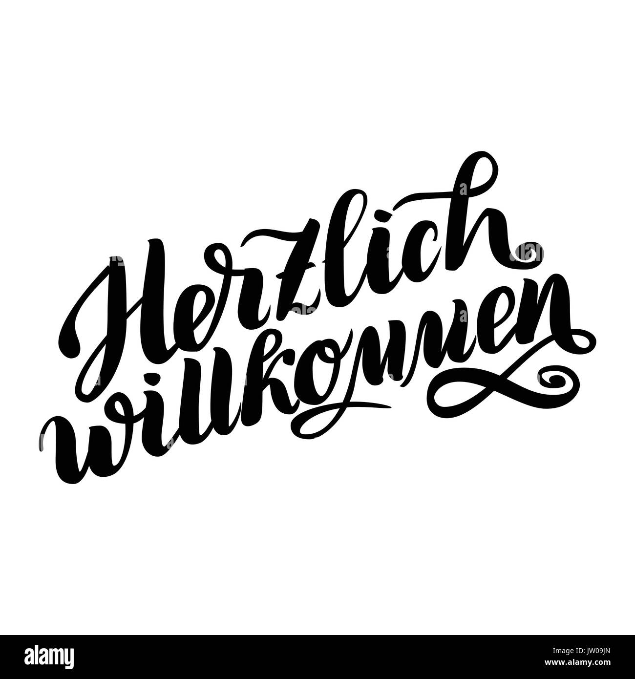 Herzlich willkommen. Welcome. Traditional German Oktoberfest bier festival . Vector hand-drawn brush lettering illustration isolated on white. Stock Vector