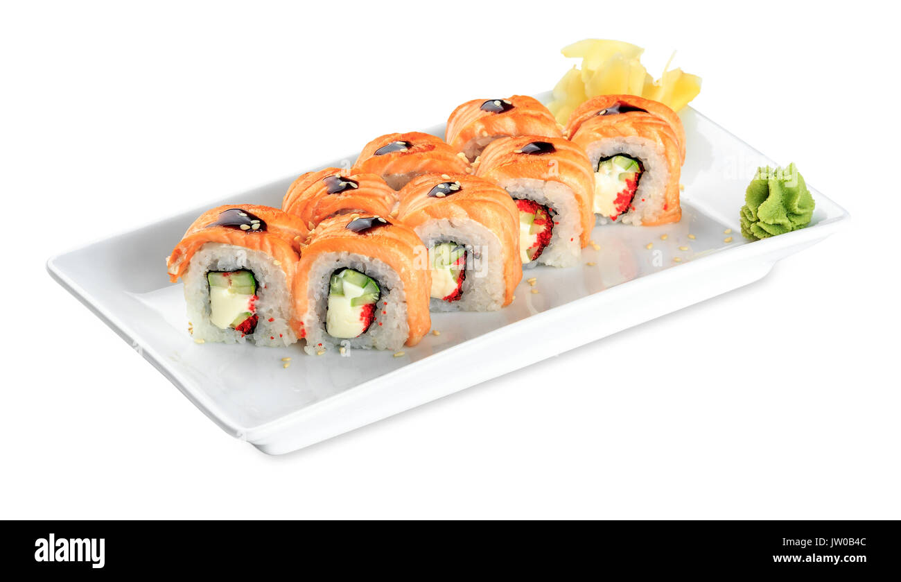 Sushi Sake Uramaki Baked Roll with salmon, cheese, cucumber, tobiko plate -  isolated on white background Stock Photo - Alamy