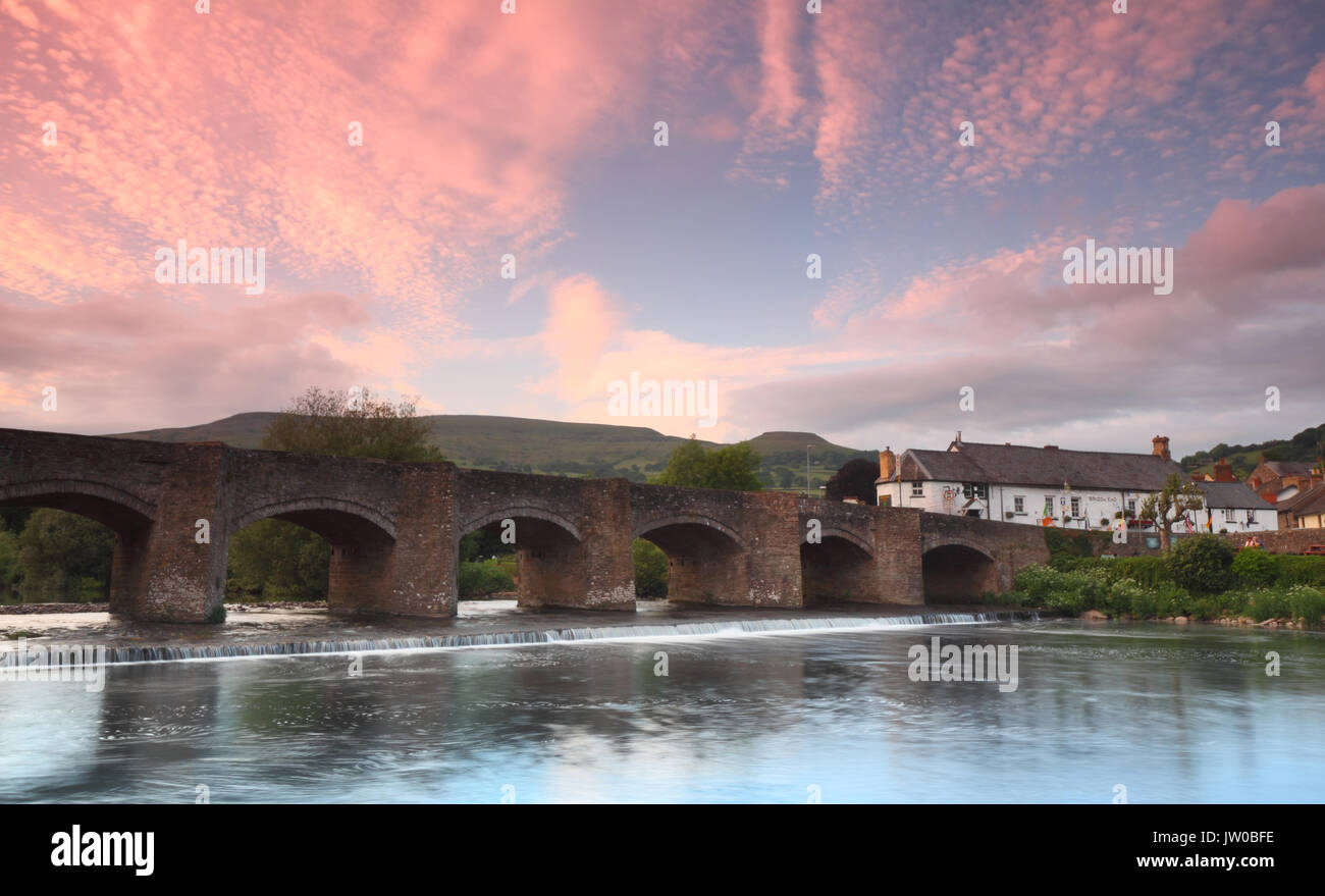 Crickhowell Bridge spanning the River Usk on the edge of historic Crickhowell town on a beautiful evening, Crickhowell, Powys, Wales, UK Stock Photo