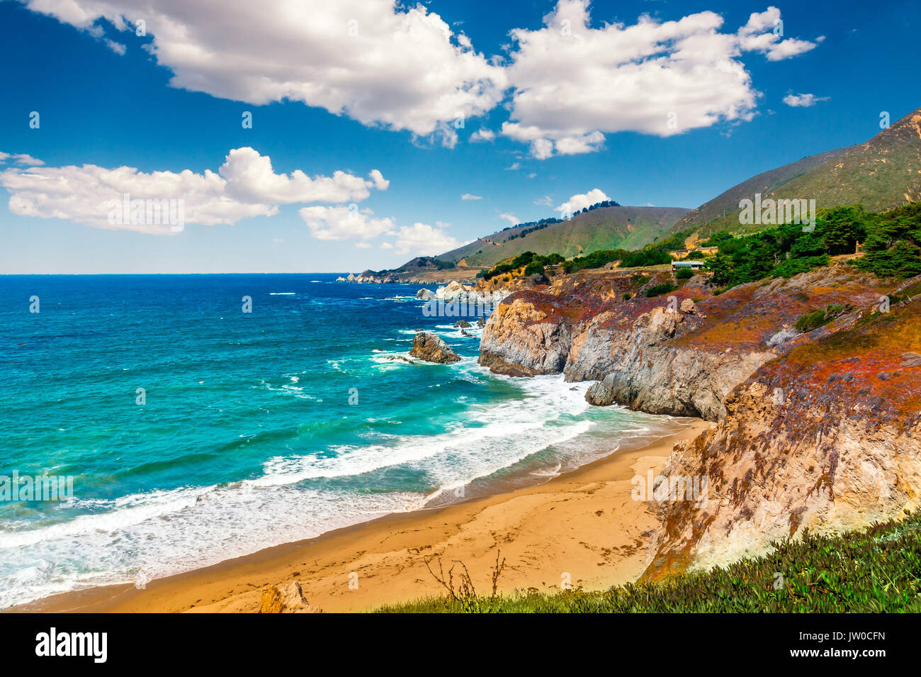 Beautiful coastline scenery on Pacific Coast Highway #1 at the US West Coast traveling south to Los Angeles, Big Sur Area, California. Stock Photo