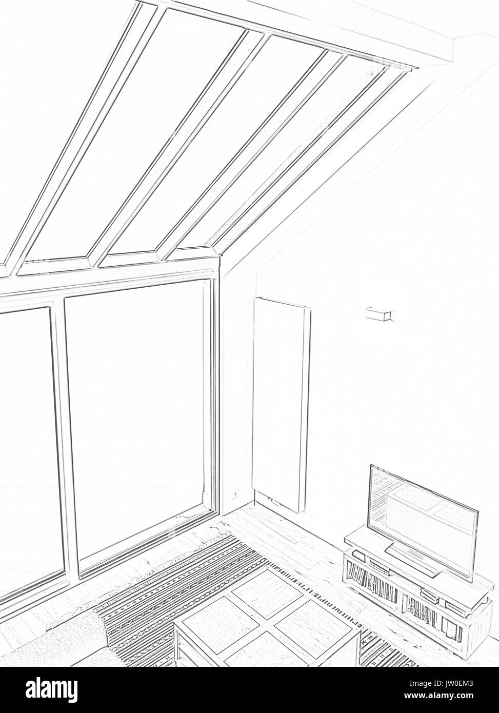 Drawing and planned Modern living room with large windows. View from above Stock Photo