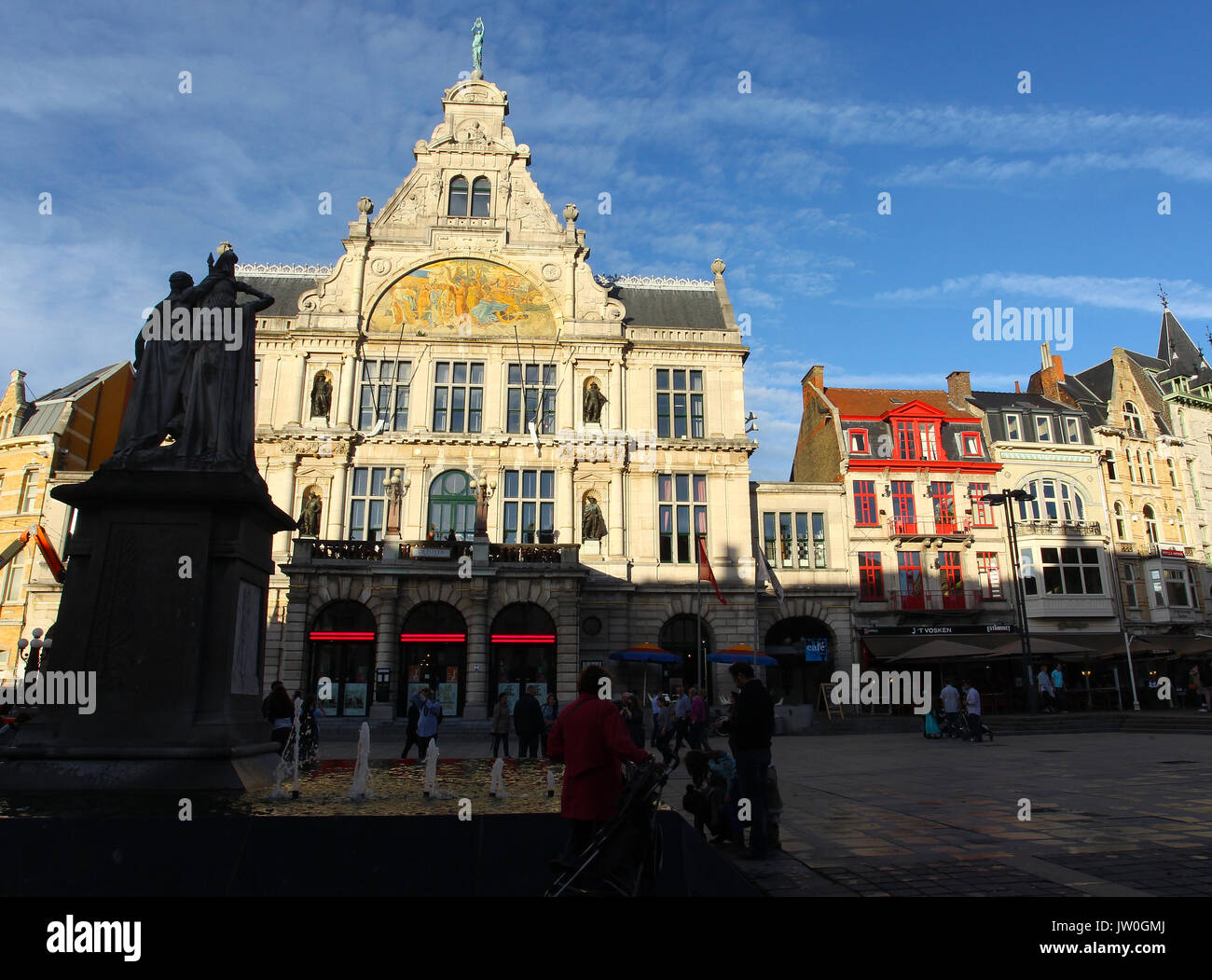 The Royal Dutch Theater in Gent Belgium  located on Sint-Baafsplein Square. The mosaic shows the god Apollo in his charriot and his muses. Stock Photo