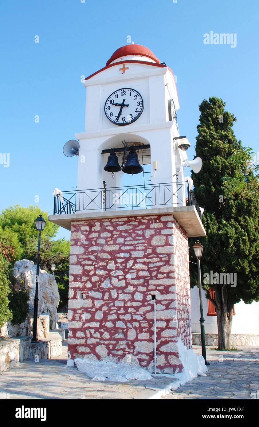 The clock and bell tower of the church of Agios Nikolaos in Skiathos Town  on the Greek island of Skiathos Stock Photo - Alamy