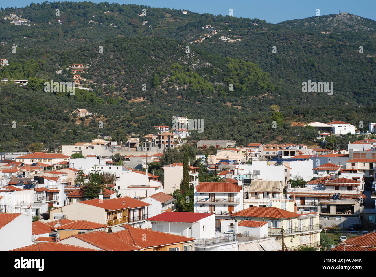 Looking over Skiathos Town on the Greek island of Skiathos. The island was one of the locations for the 2008 film Mamma Mia. Stock Photo