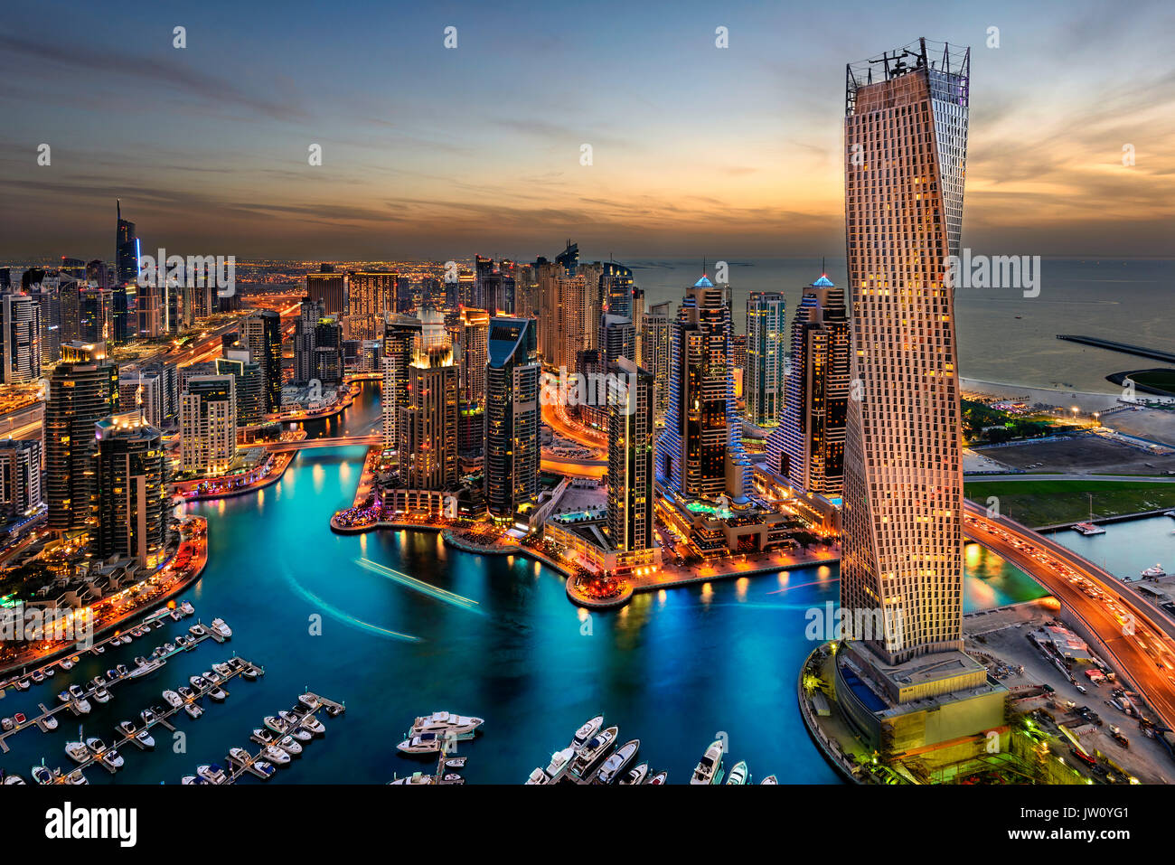 Dubai Marina Sunset View from a rooftop with amazing cityscape and amazing colors Stock Photo