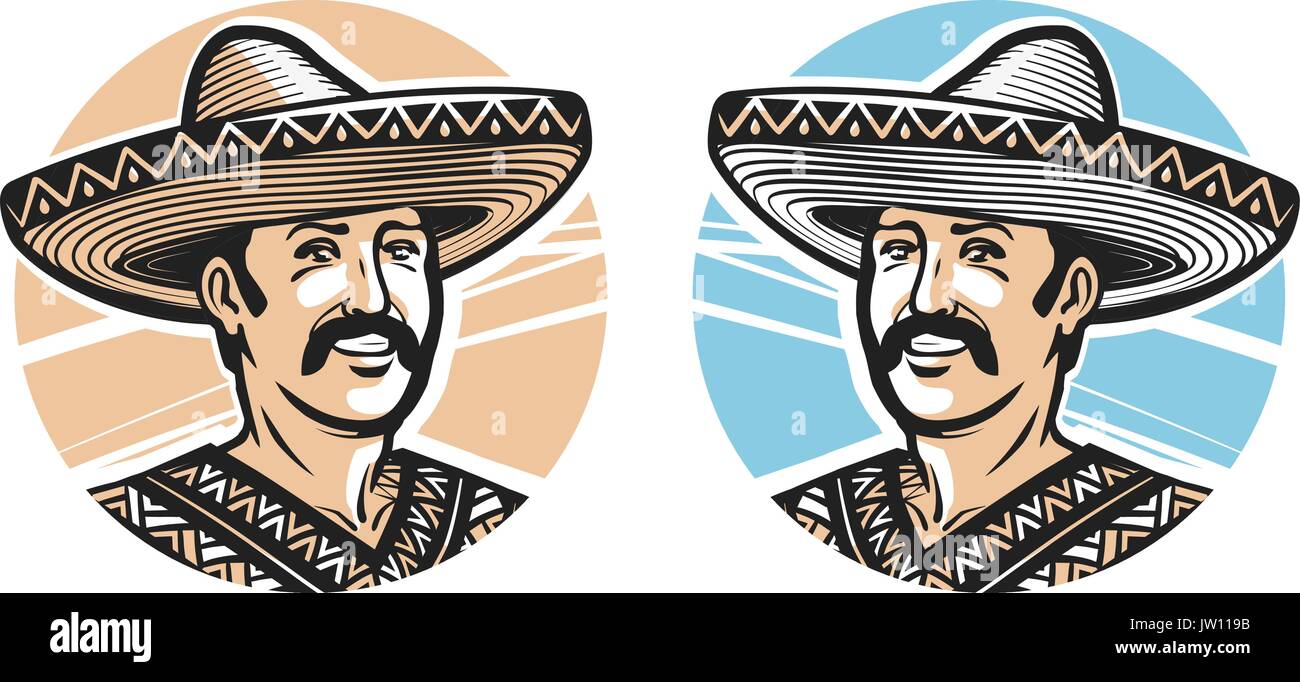 Portrait of happy Mexican in sombrero, logo or label. Vector illustration Stock Vector
