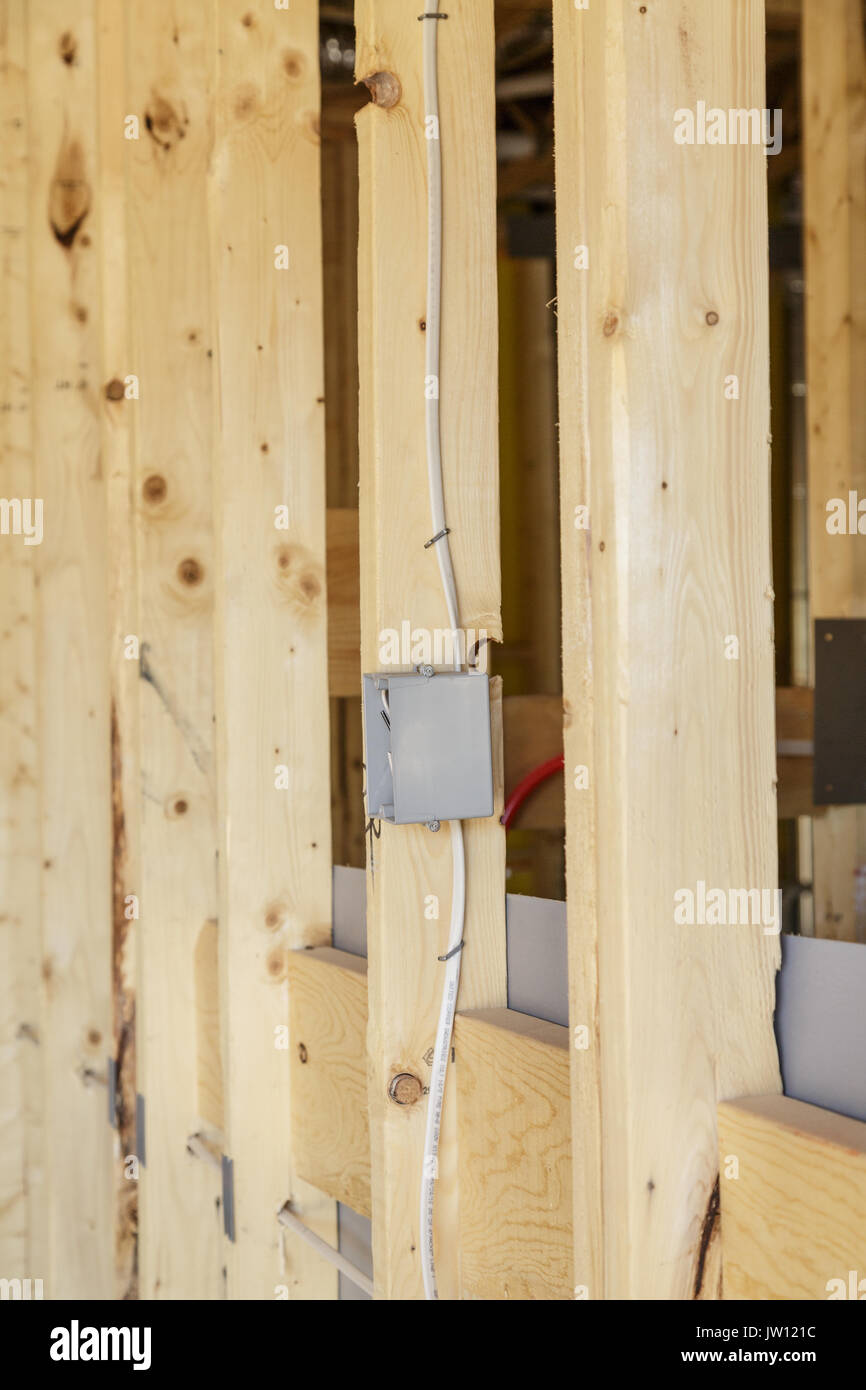 Electrical Wiring and Switch Box in New Home Construction Stock Photo