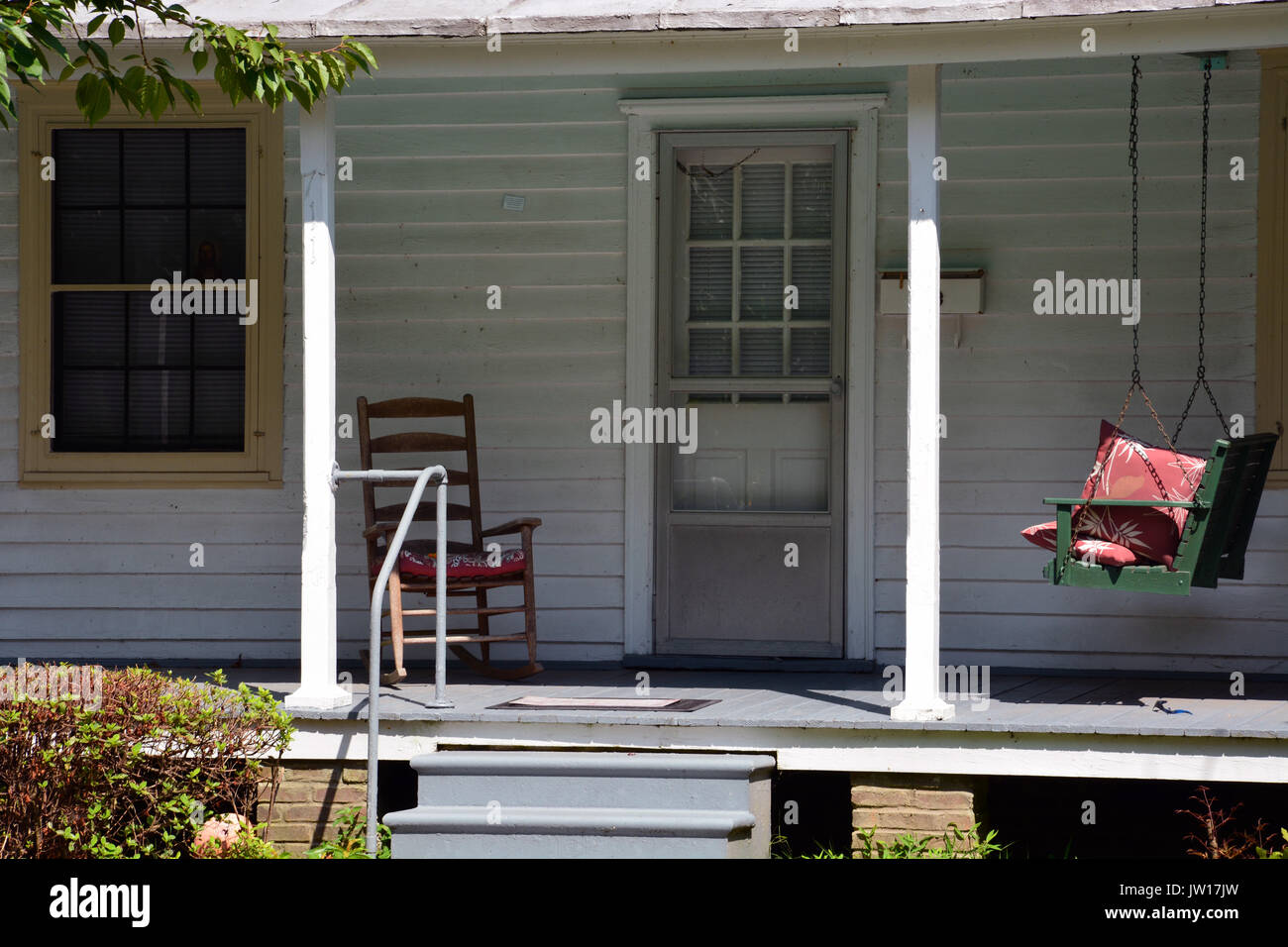 Typical front porch on the small homes built around the turn of the century for the mill workers. Stock Photo