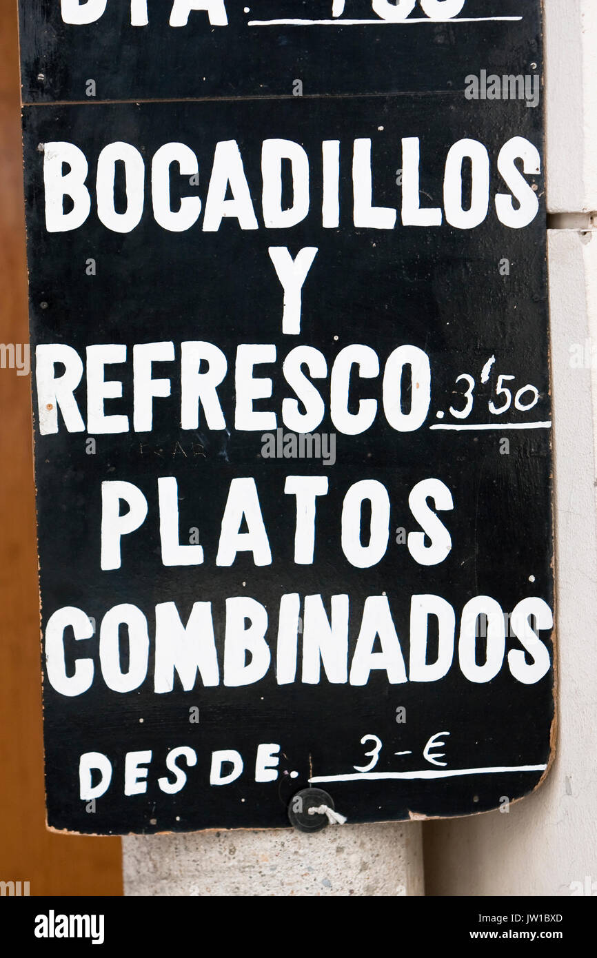 Typical slate at the restaurant door announcing daily menu in Cadiz, Andalusia, Spain Stock Photo