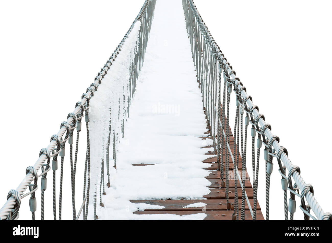 suspension bridge of iron chain and woods in winter on white background. Stock Photo
