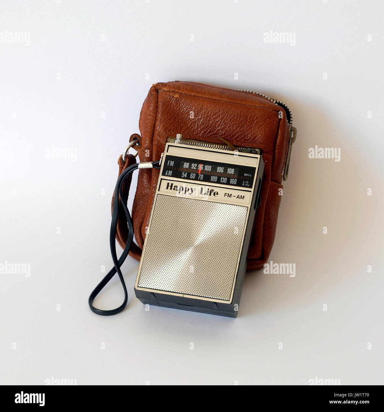 Vintage Radio Transistor Happy Life Solid States, Made in Singapour. With a leather cover Made in Spain Stock Photo