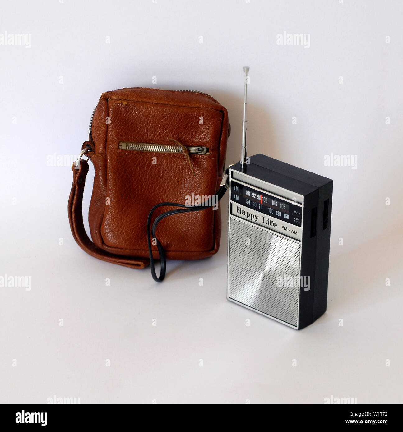 Vintage Radio Transistor Happy Life Solid States, Made in Singapour. With a leather cover Made in Spain Stock Photo