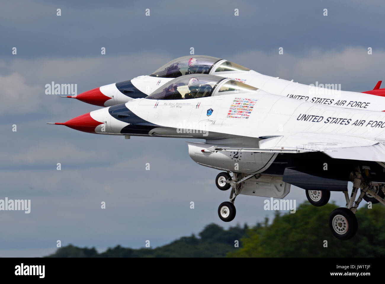 F-16 Fighting Falcon of the US Air Force Thunderbirds demonstration team at an airshow. Maj Ryan Bodenheimer left wing in jet number 2. Space for copy Stock Photo