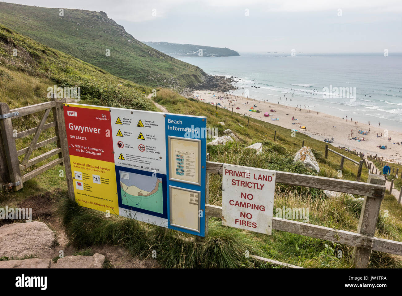 Information board on the approach to Gwynver Beach, near Penzance, Cornwall, England, UK. Stock Photo