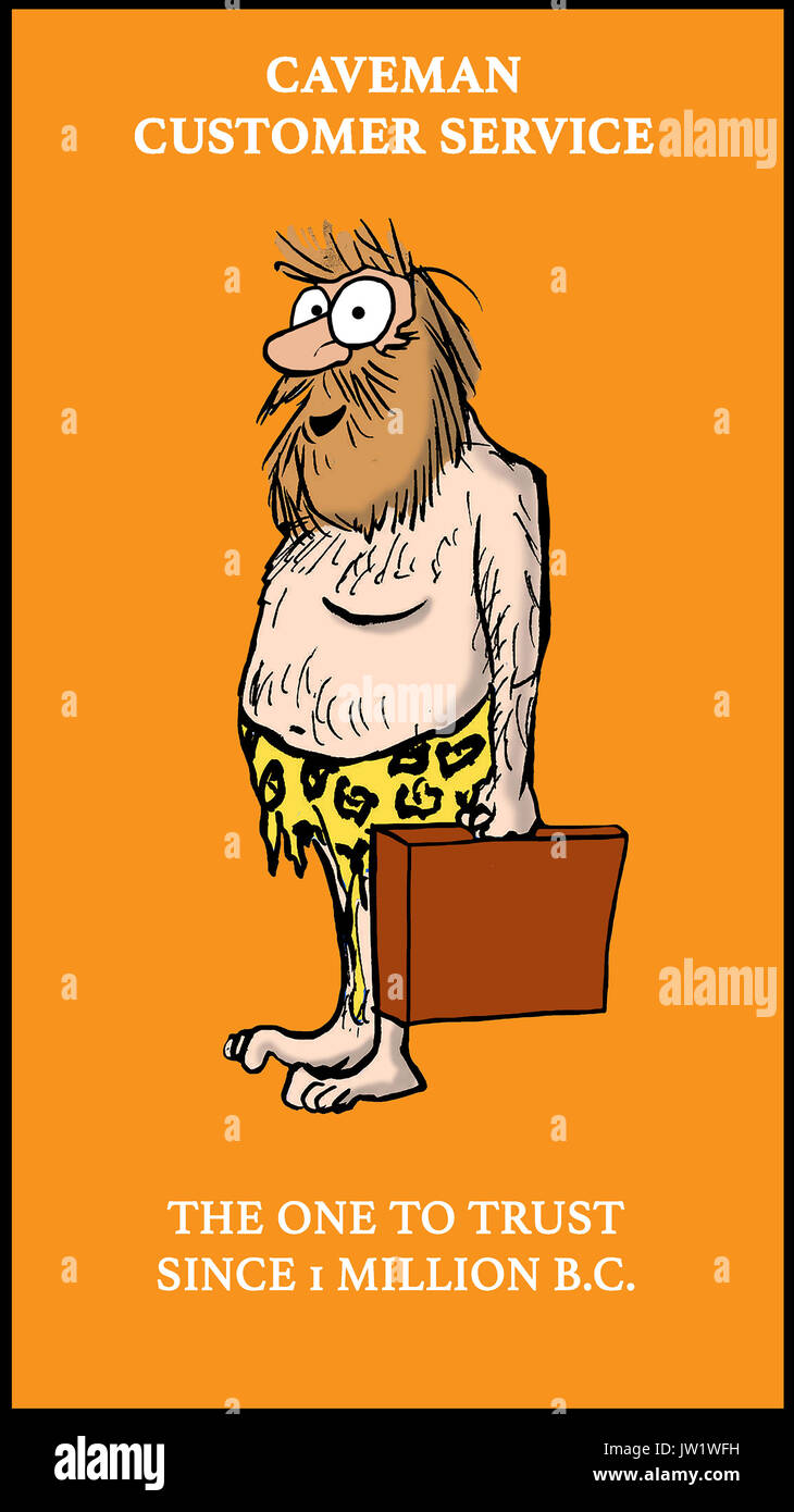 Business cartoon illustration of a caveman and trust. Stock Photo