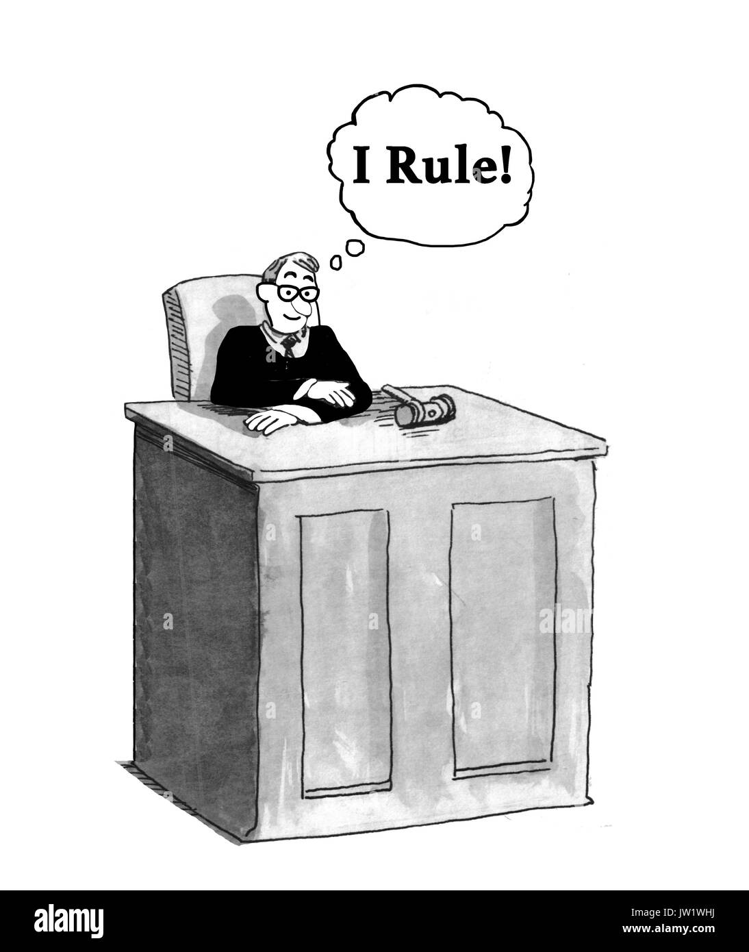 Legal cartoon about a judge who is thinking 'I rule'. Stock Photo