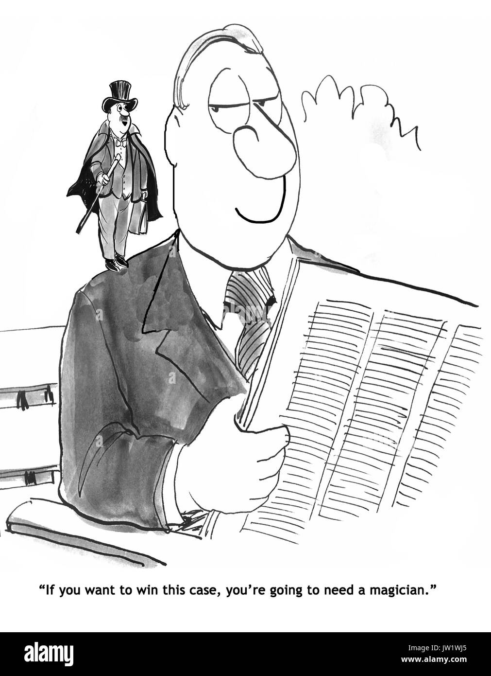 Legal cartoon about needing a magician to win the case. Stock Photo