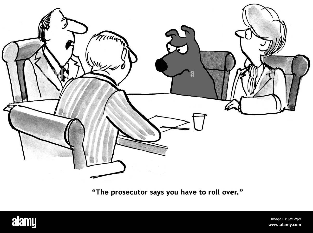 Legal cartoon about a prosecutor who wants the dog to roll over Stock