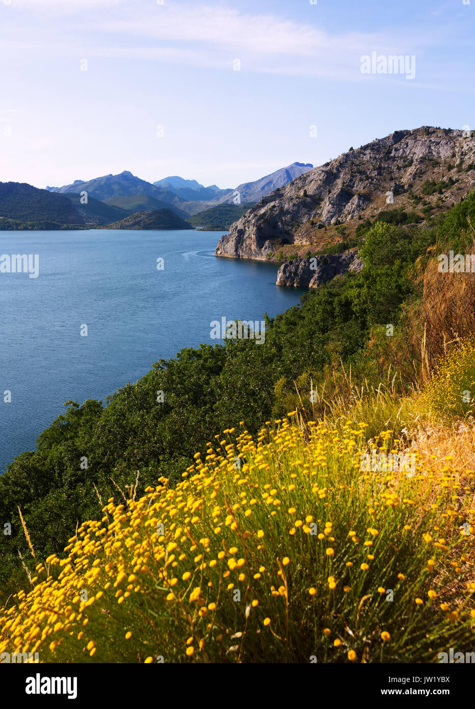 Summer landscape with lake.   Barrios de Luna reservoir  in Leon.  Spain Stock Photo
