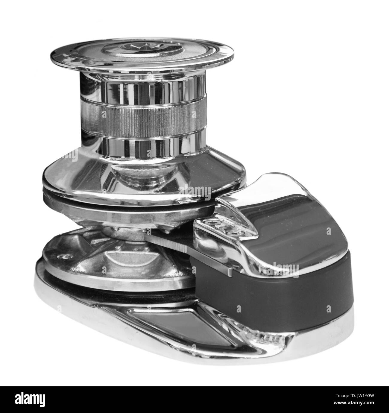 New horizontal anchor windlass with electric motor, close up. Isolated