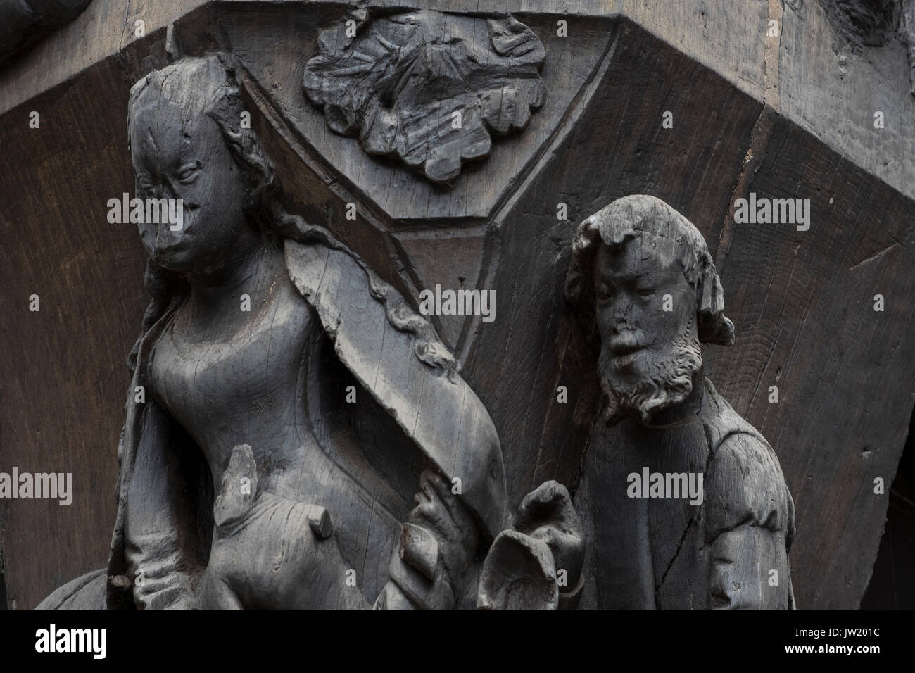 Medieval carved figures in the old town part of Tours, on the Loire, France Stock Photo