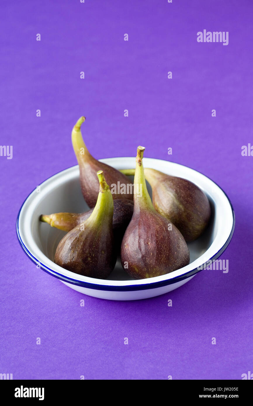 Ficus carica 'Brown Turkey'. Freshly picked figs in an enamel dish Stock Photo