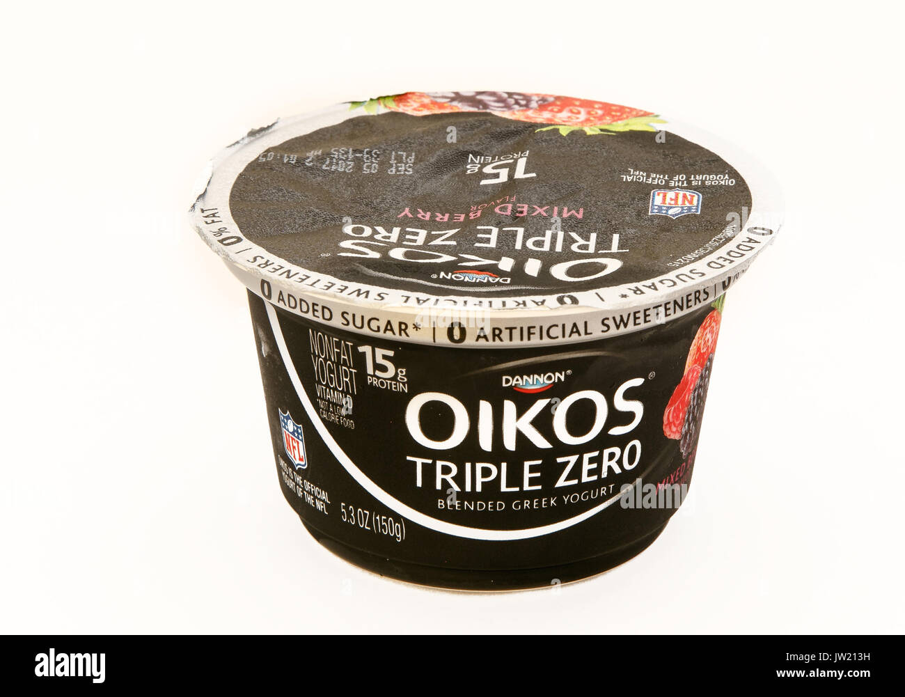 A package of Oikos Triple Zero yogurt stands against white background. Stock Photo
